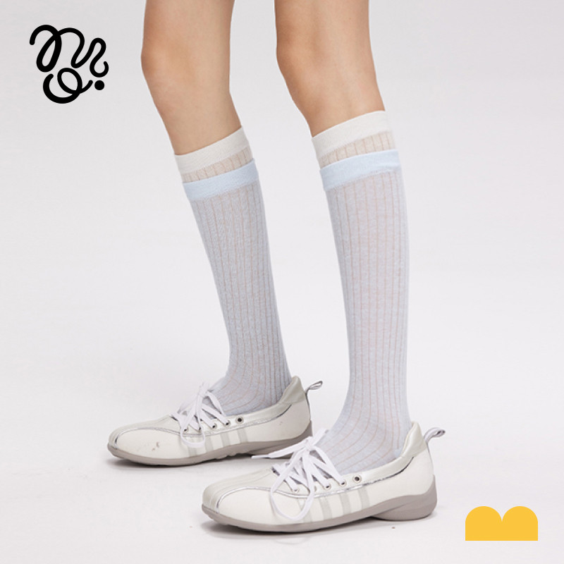 双罗口拼接撞色白边条纹堆堆袜女