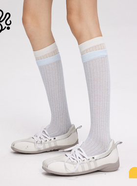 蓝色小腿袜白边拼接中筒袜女双罗口撞色艺术生袜子春夏条纹堆堆袜