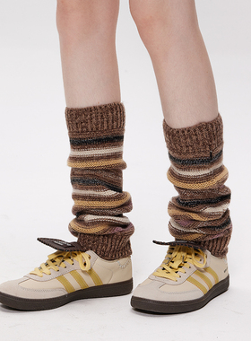 mingoto复古棕色条纹长筒针织腿套y2k堆堆袜过膝小腿袜套女秋冬