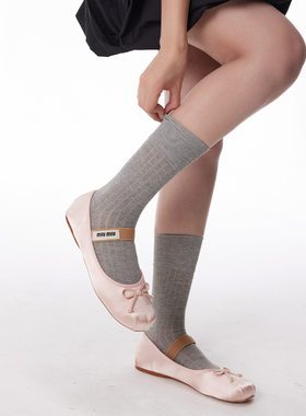 mingoto灰色袜子女春夏季薄款芭蕾风日系中筒袜ins竖条纹jk堆堆袜