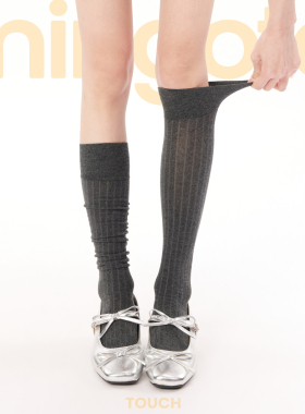 miu里miu气袜子女款灰色竖条纹修饰腿型中筒袜春夏季日系jk小腿袜