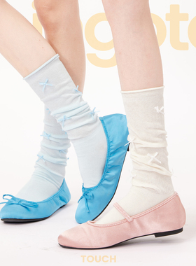 白色长筒堆堆袜春夏薄款日系甜美蝴蝶结卷边miu系显瘦jk小腿袜女