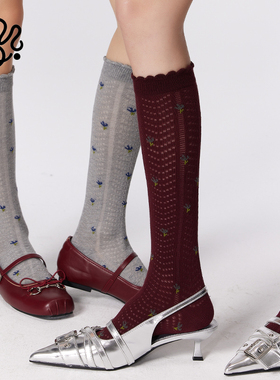 mingoto春款复古少女灰色碎花百搭花边镂空小腿袜子女堆堆长筒袜