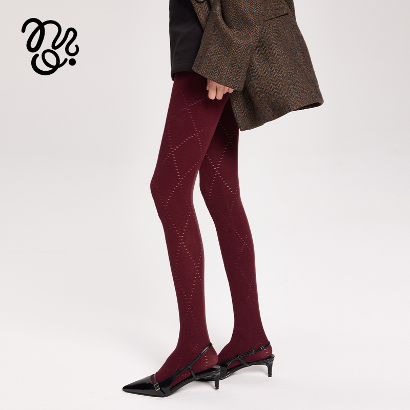 mingoto秋冬安可拉红镂空菱形连裤袜个性弹力显瘦保暖美腿打底裤