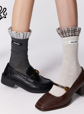 mingoto弥构花边袜子女白色可爱拼接堆堆袜春季透气lolita中筒袜