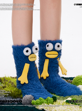 mingoto秋冬珊瑚绒保暖加绒毛绒长毛怪可爱丑萌居家无性别中筒袜