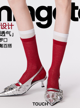 mingoto夏季薄款少女拼接小腿袜条纹红色百搭撞色双罗口中筒袜女