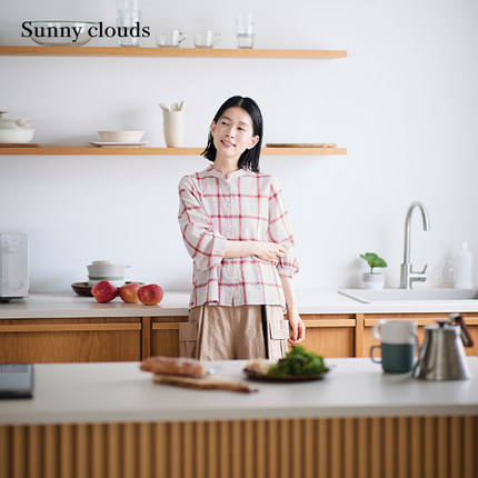 秋季新品 桑妮库拉/Sunny clouds棉麻立领格子衬衫日系外套红白格