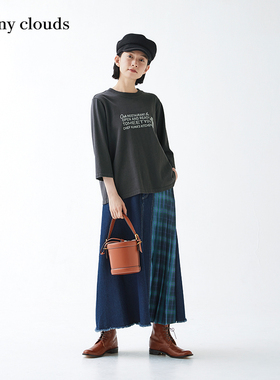 桑妮库拉/Sunny clouds 纯棉七分袖印花T恤衫碳灰打底衫