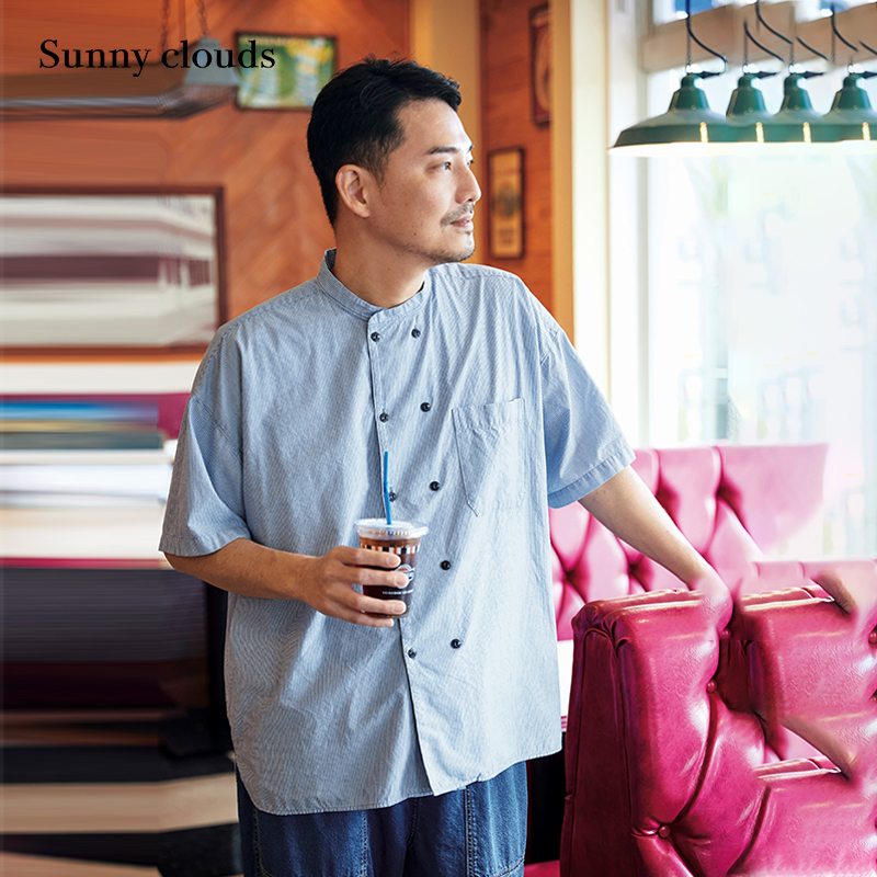 蓝色条纹衬衫宽短袖夏季新品