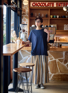 夏季新品 桑妮库拉/Sunny clouds 纯棉连肩袖T恤衫藏蓝色短袖宽松