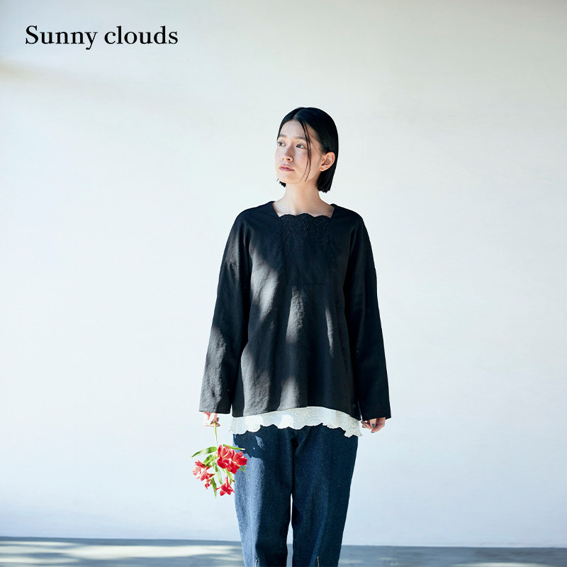 黑色方领蕾丝衬衫罩衫