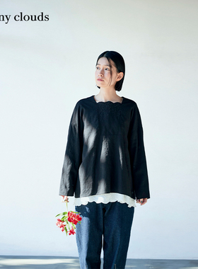 春季新品 桑妮库拉/Sunny clouds 棉麻方领落肩蕾丝罩衫黑色衬衫