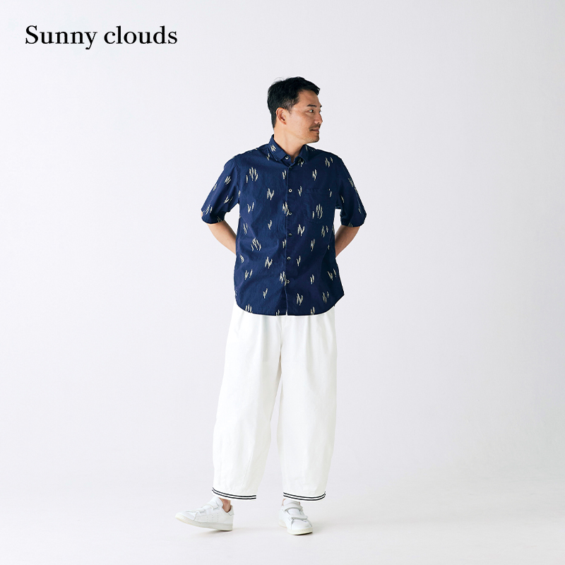 男式纯棉五分袖条纹虾鱼印花衬衫