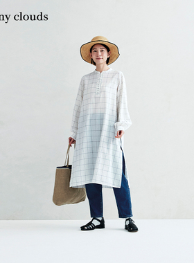 桑妮库拉/Sunny clouds纯棉白色灯笼袖格子衬衫裙中长裙