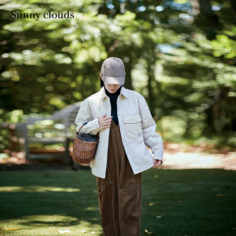 女式绗缝夹棉衬衫款薄外套灰白
