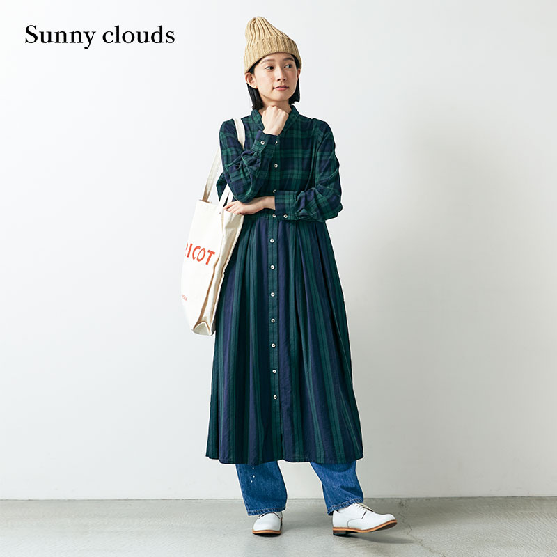 秋季新品 桑妮库拉/Sunny clouds 女式纯棉蓝绿格子条纹连衣裙 女装/女士精品 连衣裙 原图主图