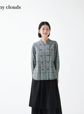 桑妮库拉/Sunny clouds纯棉立领双排扣格子衬衫宽松外套