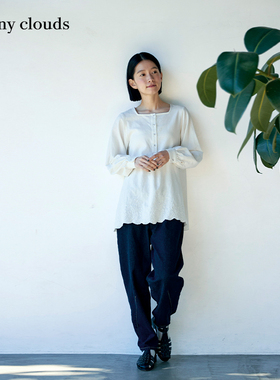 春季新品 桑妮库拉/Sunny clouds纯棉方领刺绣下摆衬衫白色上衣女