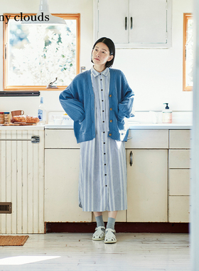 桑妮库拉/Sunny clouds纯棉落肩绳纹灯笼袖开衫蓝色外套