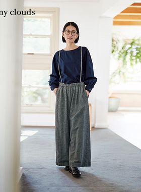 桑妮库拉/Sunny clouds纯棉落肩针织拼接罩衫藏蓝上衣