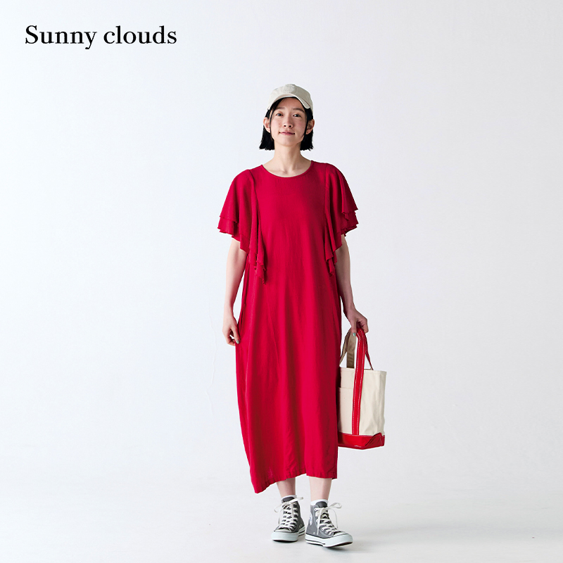 女式红色荷叶袖连衣裙日系复古