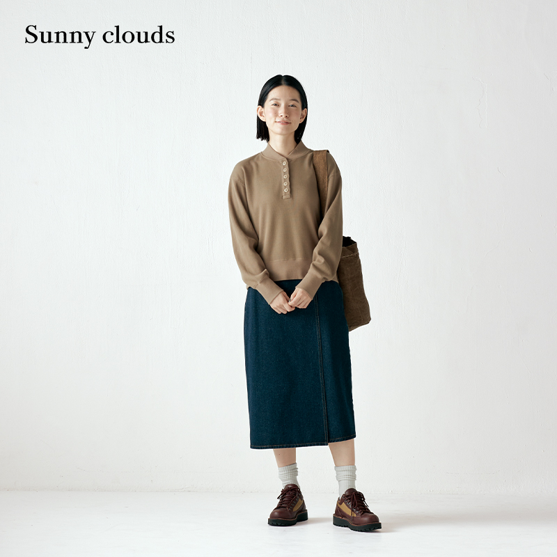 女式亨利领华夫格长袖衫日系