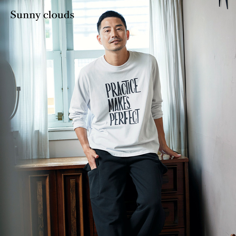 桑妮库拉/Sunny clouds 字母印花长袖纯棉T恤套头打底男 - 实物图