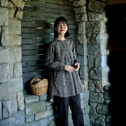 冬季新品 桑妮库拉/Sunny clouds 纯棉青果领碎花印花中长款罩衫