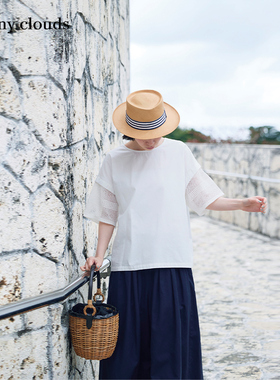 夏季新品 桑妮库拉/Sunny clouds纯棉蕾丝袖罩衫镂空白色短袖衬衫