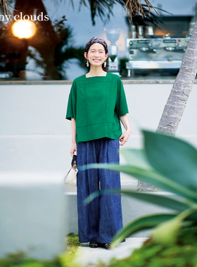 夏季新品 桑妮库拉/Sunny clouds亚麻落肩小方领五分袖罩衫绿色女