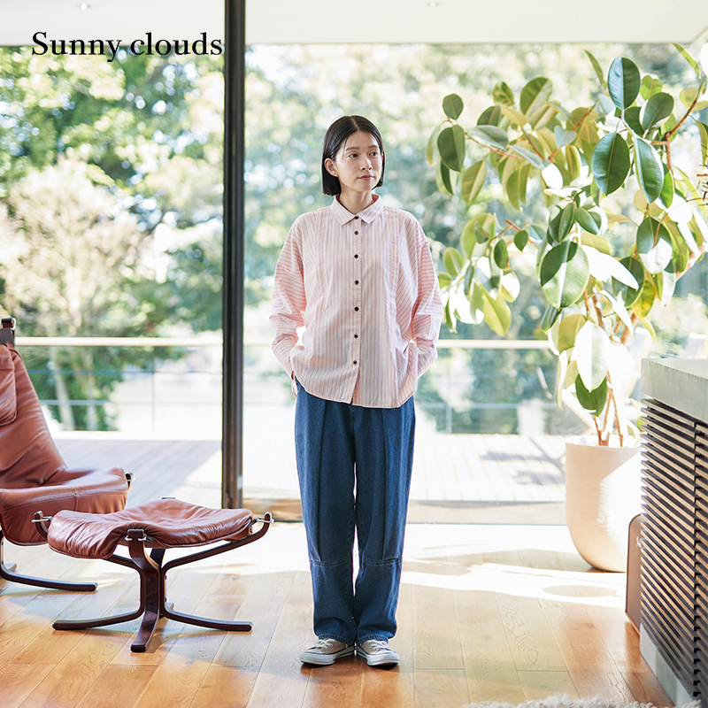 浅粉色蝙蝠袖条纹撞色衬衫宽松