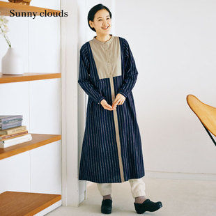 Notes日本面料 Sunny Shuttle 棉麻条纹连衣裙 clouds 女式