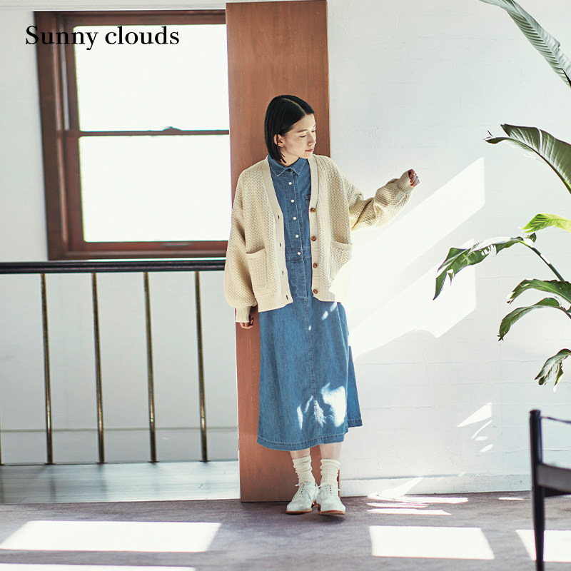 女式纯棉落肩绳纹灯笼袖开衫