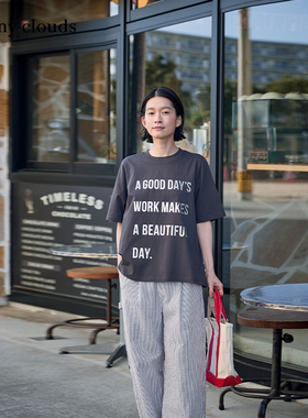 夏季新品 桑妮库拉/Sunny clouds 纯棉烫金英文印花T恤炭灰色短袖