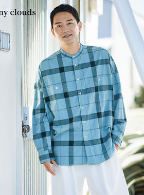 桑妮库拉/Sunny clouds 男式纯棉落肩蓝色格子衬衫