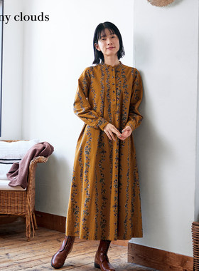 冬季新品 桑妮库拉/Sunny clouds 女式纯棉圣诞玫瑰印花A字连衣裙