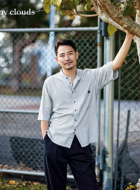 桑妮库拉/Sunny clouds日系纯棉条纹衬衫灰色短袖衬衣