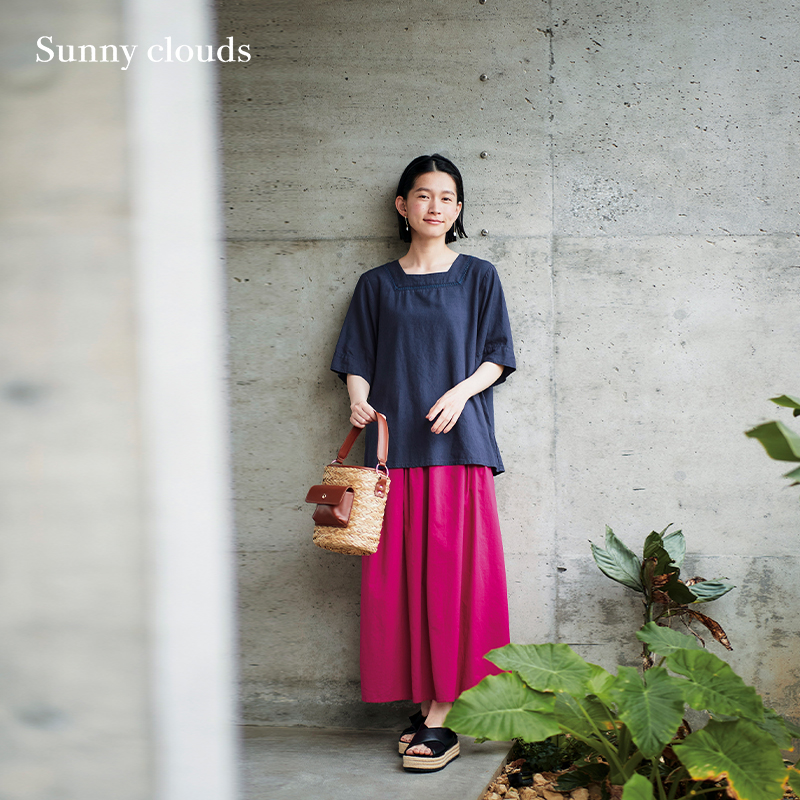 桑妮库拉/Sunny clouds麻混方领梯子五分袖罩衫藏蓝短袖