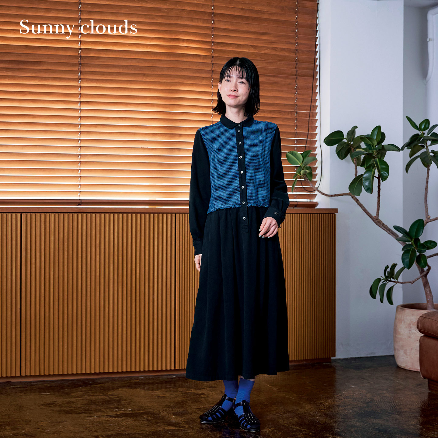 纯棉千鸟格拼接连衣裙bonpon联名