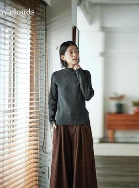 桑妮库拉/Sunny clouds棉混半高领针织衫灰日系复古上衣
