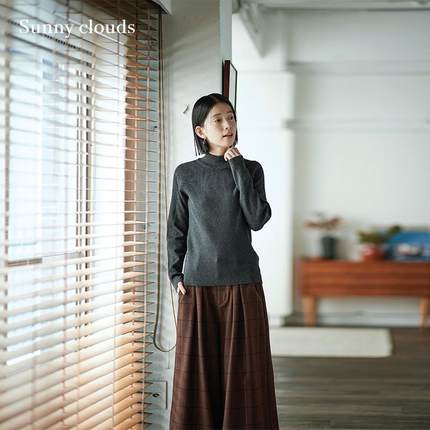 桑妮库拉/Sunny clouds棉混半高领针织衫灰日系复古上衣