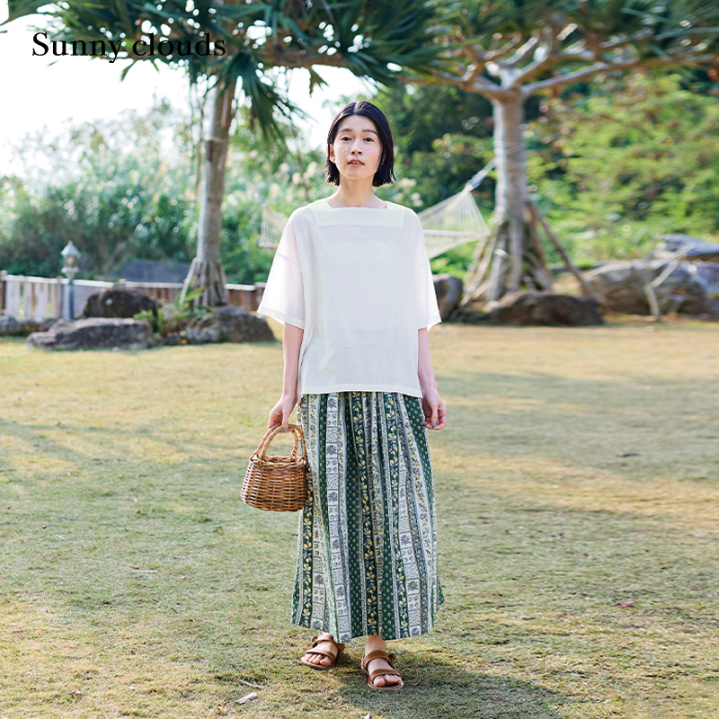 夏季新品 桑妮库拉/Sunny clouds亚麻落肩小方领五分袖罩衫短袖女