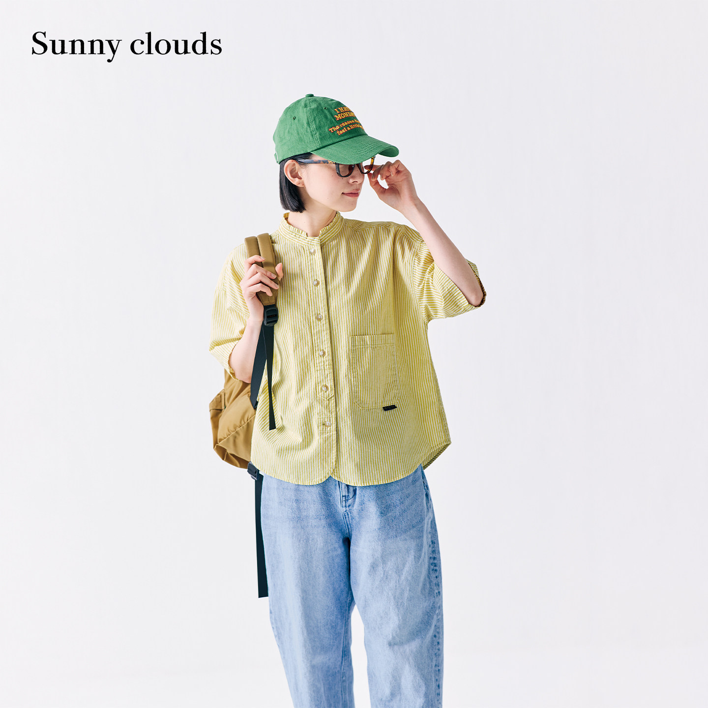 夏季新品 桑妮库拉/Sunny clouds 纯棉立领落肩条纹衬衫黄色短袖