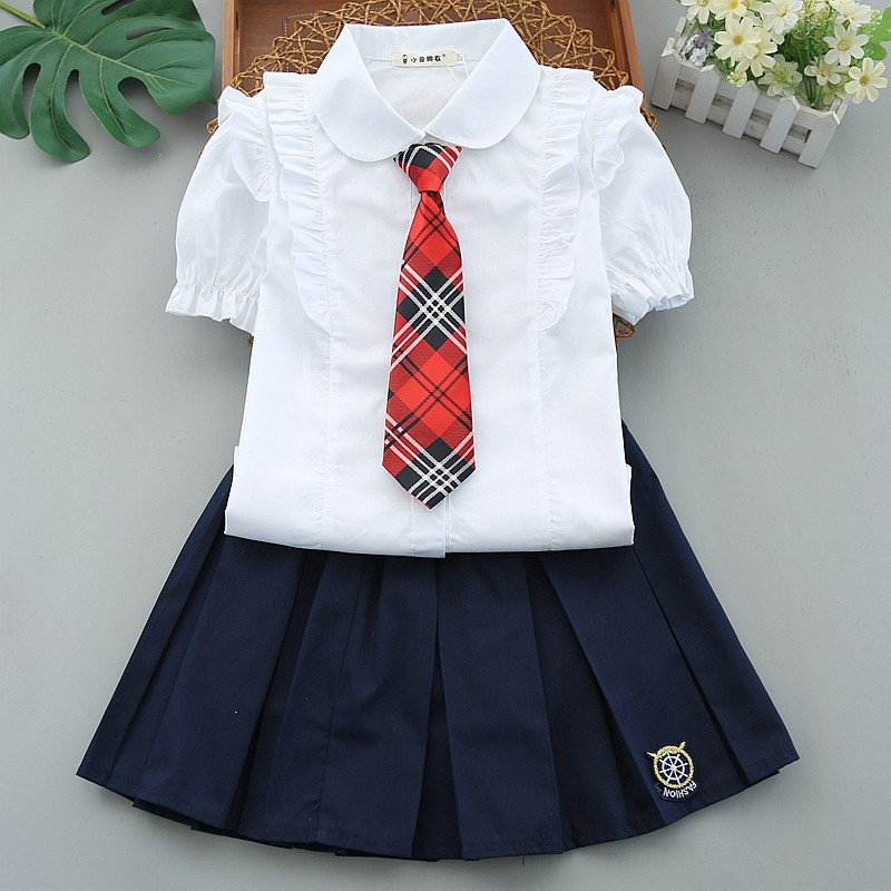 女童短袖套装小学生校服衬衣夏装2023新款纯棉女孩半裙白衬衫薄款