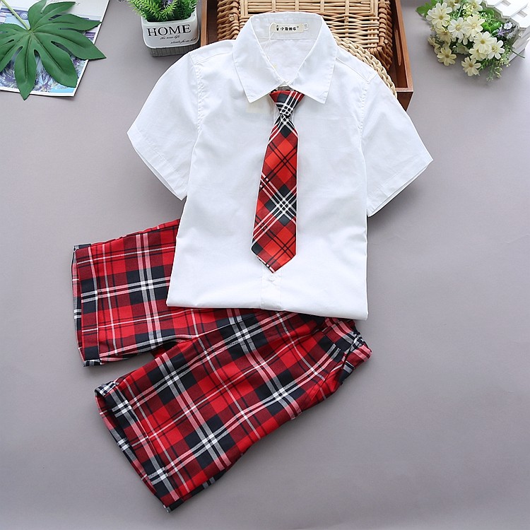 男童短袖套装衬衣夏装新款纯棉男孩格子短裤白衬衫幼儿园表演校服