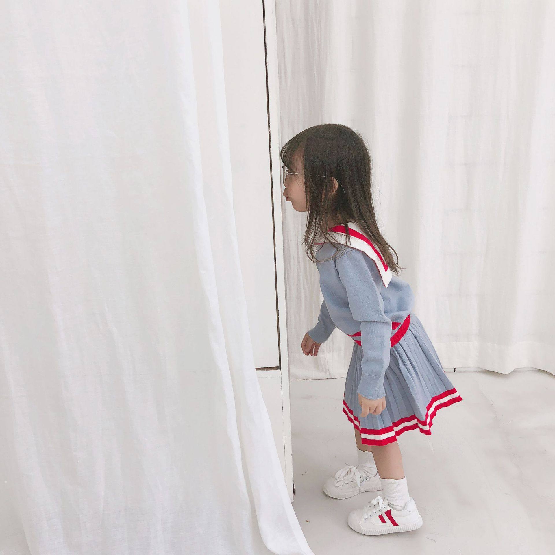 2020早秋新款童装 女童学院风海军针织线衣套装二件套上衣+百褶裙