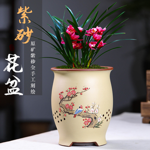 宜兴紫砂花盆精品花盆桌面圆形