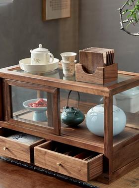 北美黑胡桃木博古架茶具茶杯架紫砂壶桌面置物展示架子防尘玻璃柜