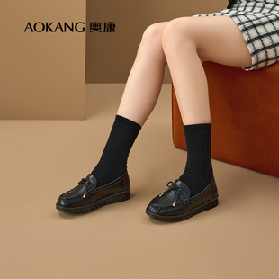 奥康女鞋 2024秋季新款真皮时尚蝴蝶结圆头浅口单鞋中老年妈妈鞋